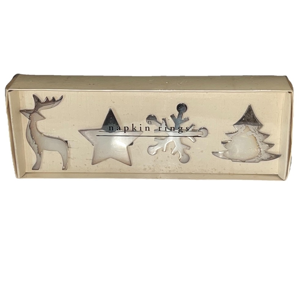 Vintage Pier 1 Silver Plated Christmas Napkin Rings Tree Star Snowflake Reindeer
